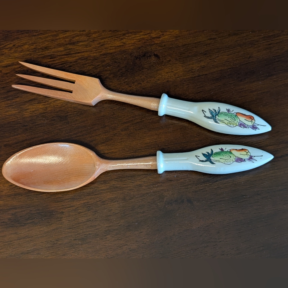 Vintage 1960s Wooden Spoon and Fork Set with Ceramic Handles Made In Japan